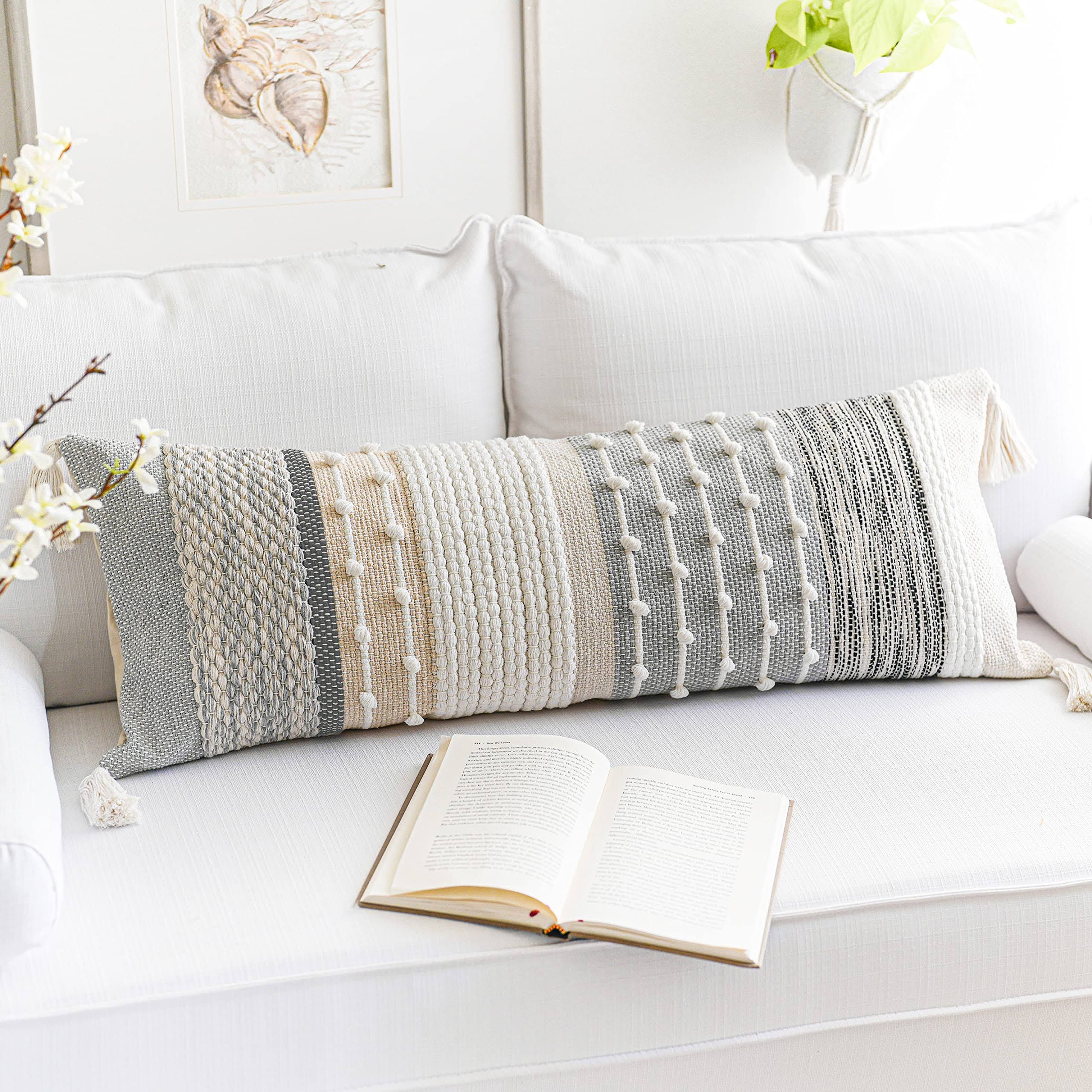 BlissBlush Gray Boho Lumbar Throw Pillow Cover 14x36 Grey Accent Long Body Lumbar Pillow for Bed Decorative Modern Bohemian Woven Textured Lumbar
