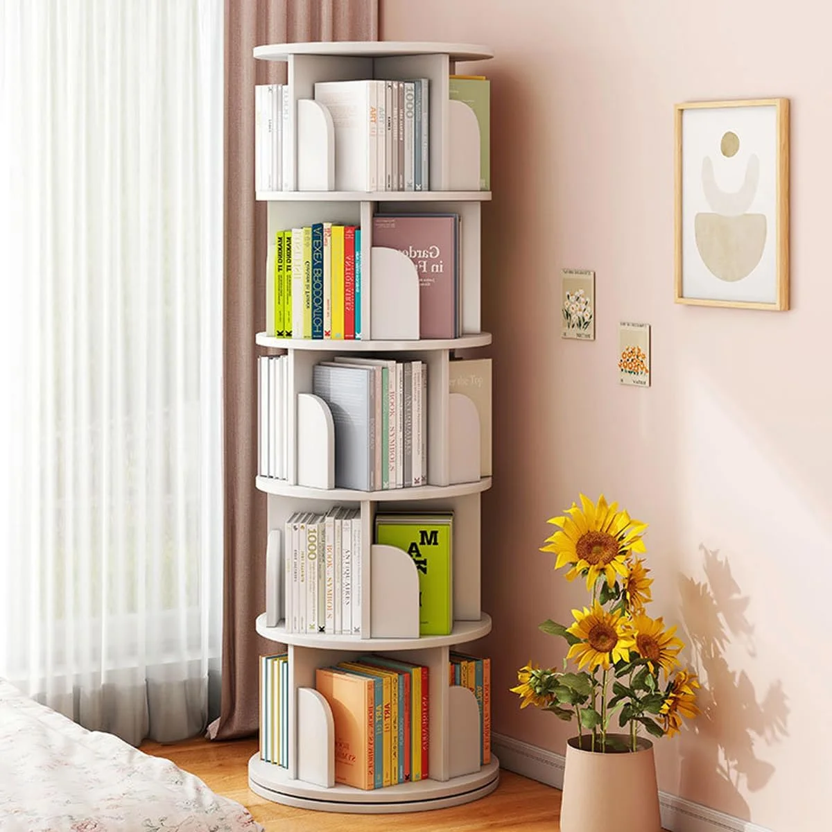 5 Tier Rotating Bookshelf, 360?�� Revolving Bookcase 20 Shelves Floor-Standing Storage Display Rack White 63"x18"x18", Adult(White) - Image 8