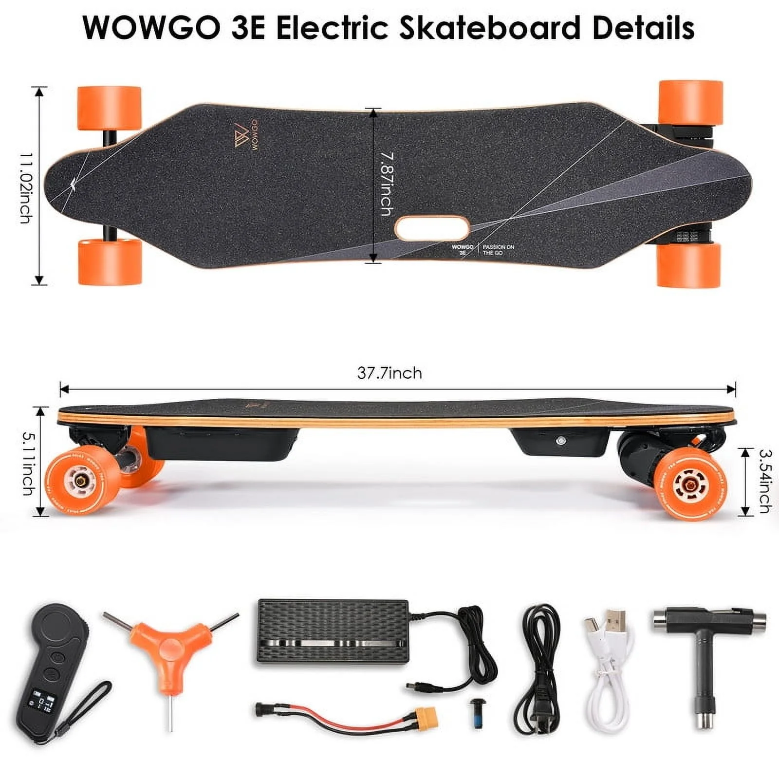 Wowgo 3E Electric Longboard Portable Lightweight E Skateboard with Dual Motors Belt, Black, 330ib