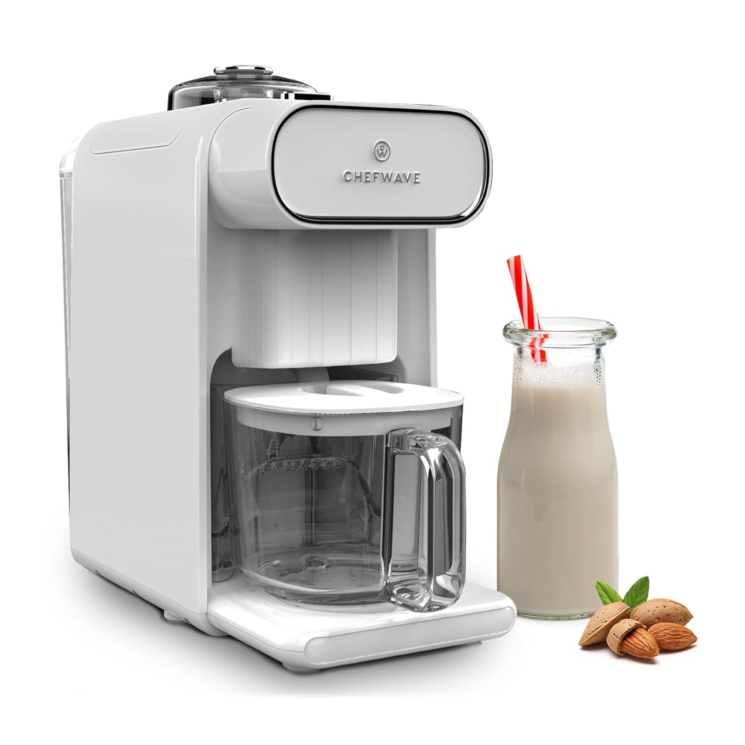ChefWave Milkmade Soy Milk Maker – 6-in-1 Plant-Based Milk Machine for Almond, Oat, Soy, Cashew, Coconut & Macadamia – No Soaking, Auto-Clean, Delay Start, Glass Pitcher – White