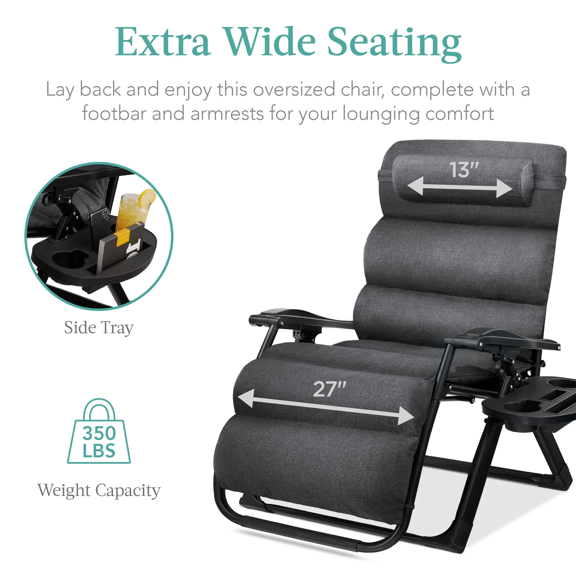Oversized Zero Gravity Chair, Folding Recliner w/ Removable Cushion, Side Tray Fossil Gray(Fossil Gray) - Image 8