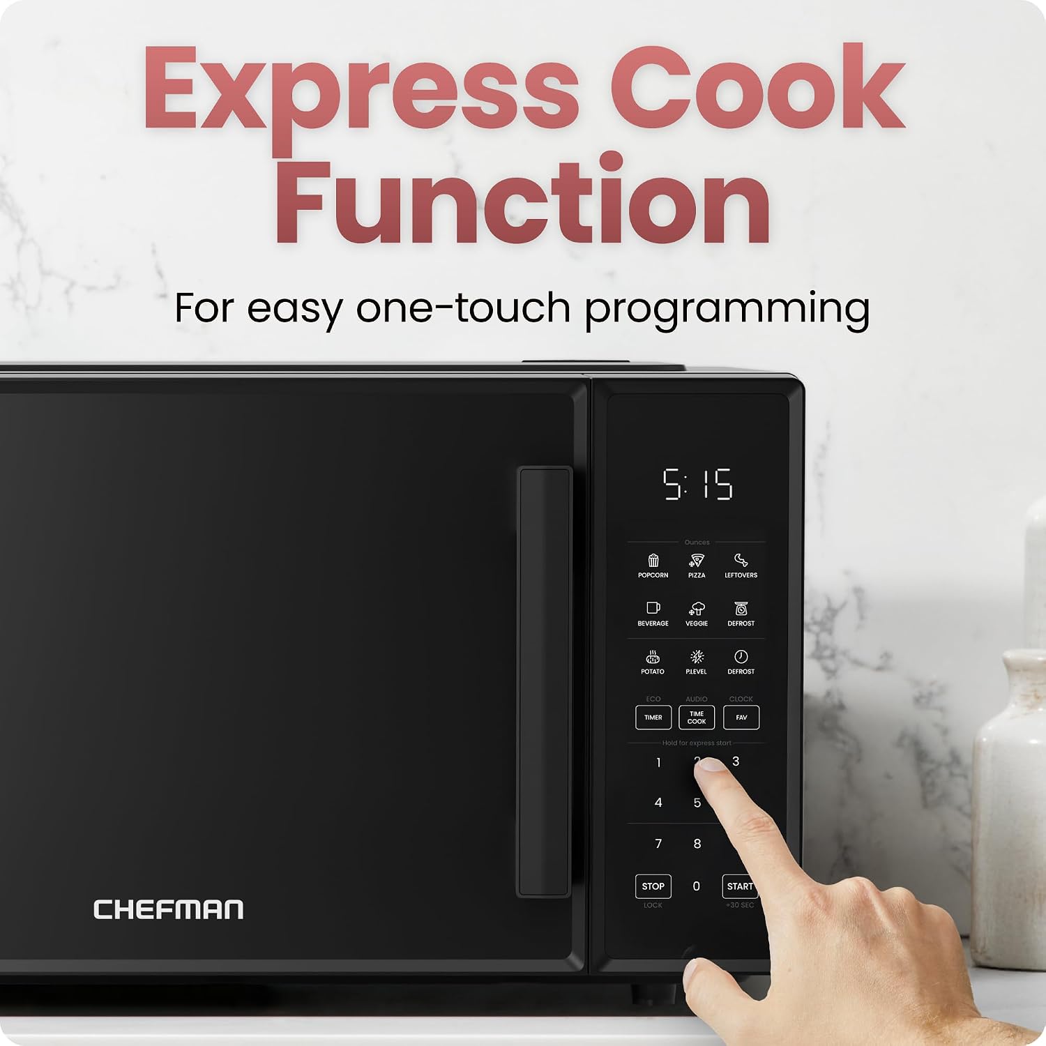 Chefman Countertop Microwave Oven 0.9 Cu 900 Watts with 10 Power Levels, 6 Cooking Presets with One-Touch Express Cook, Eco Mode, Child Safety Lock, & Mute Button - Black