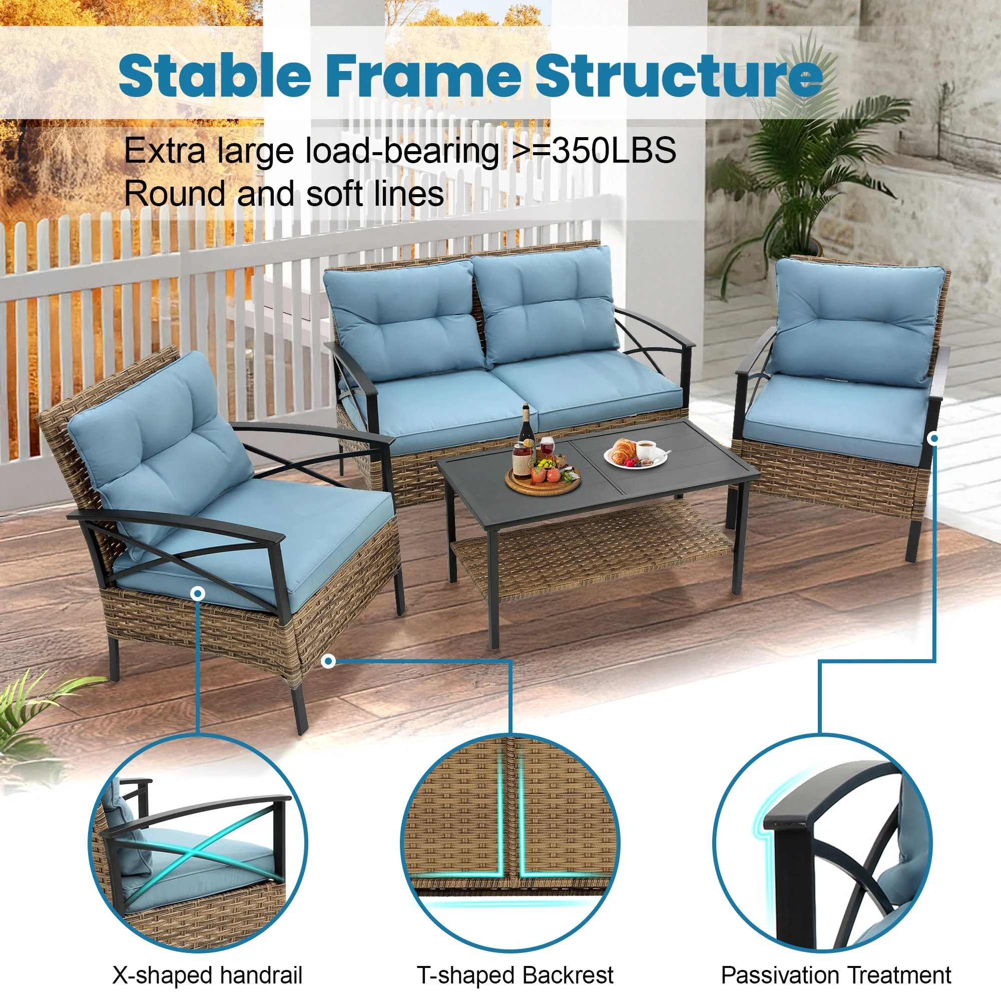 Heavy-duty Patio Furniture Set, 4 Piece Outdoor Sectional Conversation Sets, BrownPE Rattan Patio Sofa Set with Blue Cushions(Luxury-Blue) - Image 9