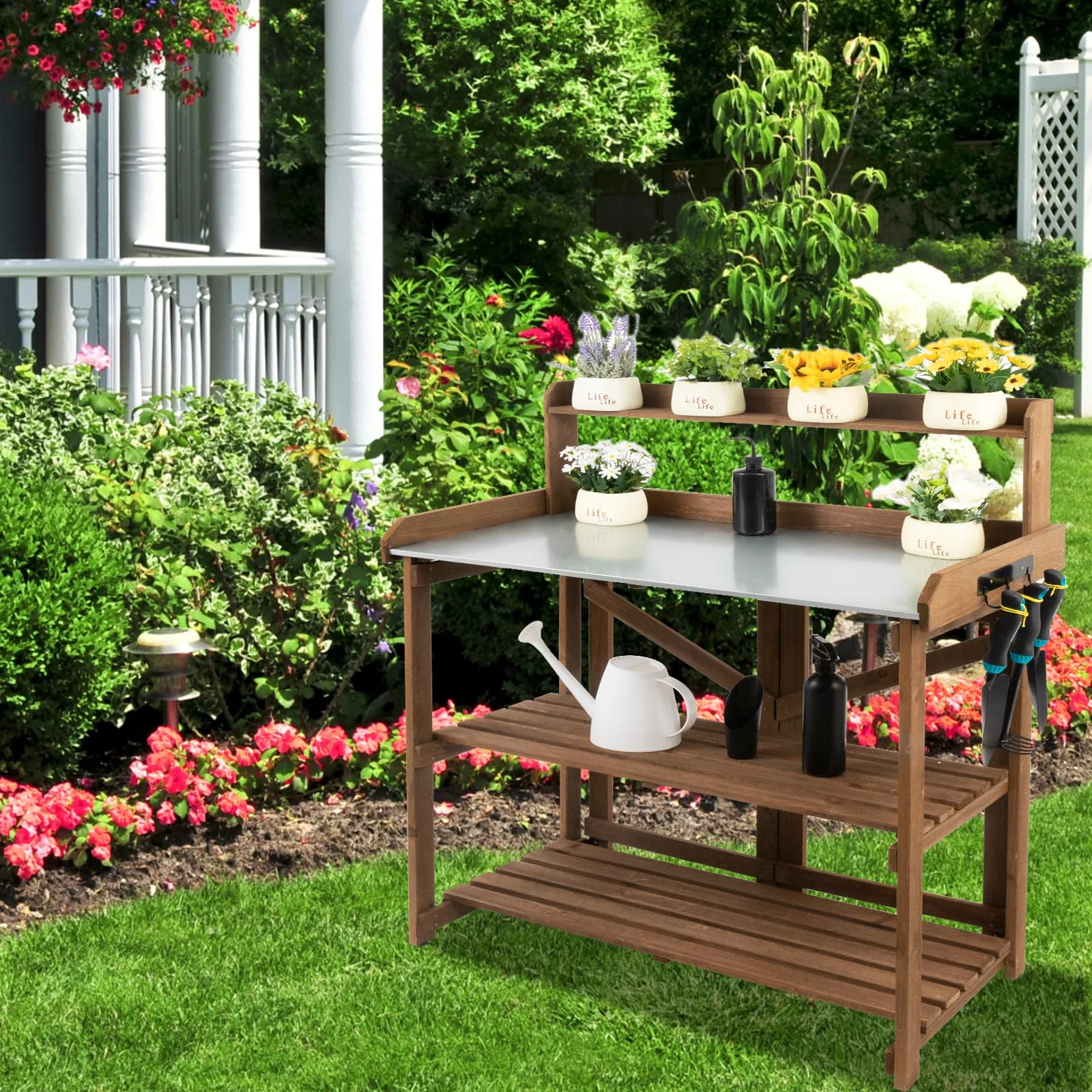 Outdoor Wooden Folding Potting Bench Table, Fir Wood Garden Workstation with Galvanized Tabletop, 2 Tier Storage Shelves, Brown(35"Lx17.3"Wx46"H) - Image 4