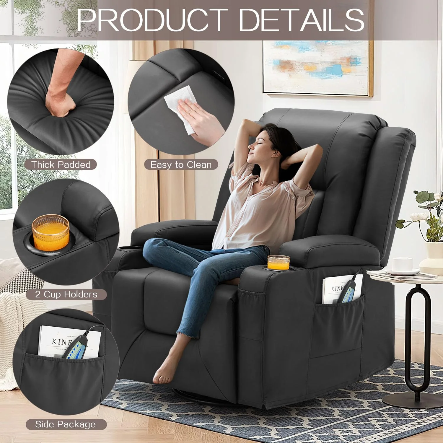 AECOJOY Massage Recliner Manual Chair with Heating & 360° Swivel Rocking Function, Black