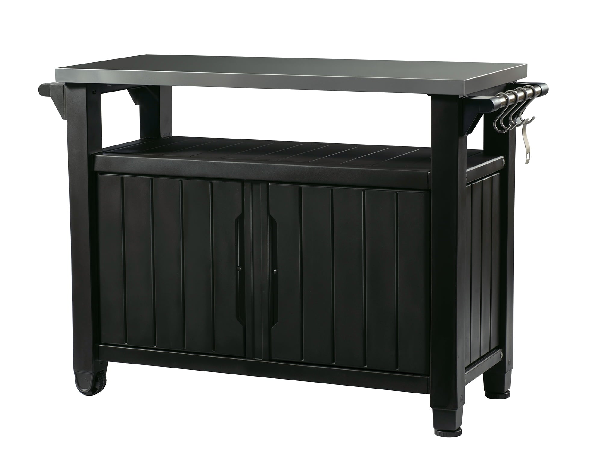 Unity XL Resin Serving Station. All-Weather Plastic and Metal Grill. Storage and Prep Table. Graphite