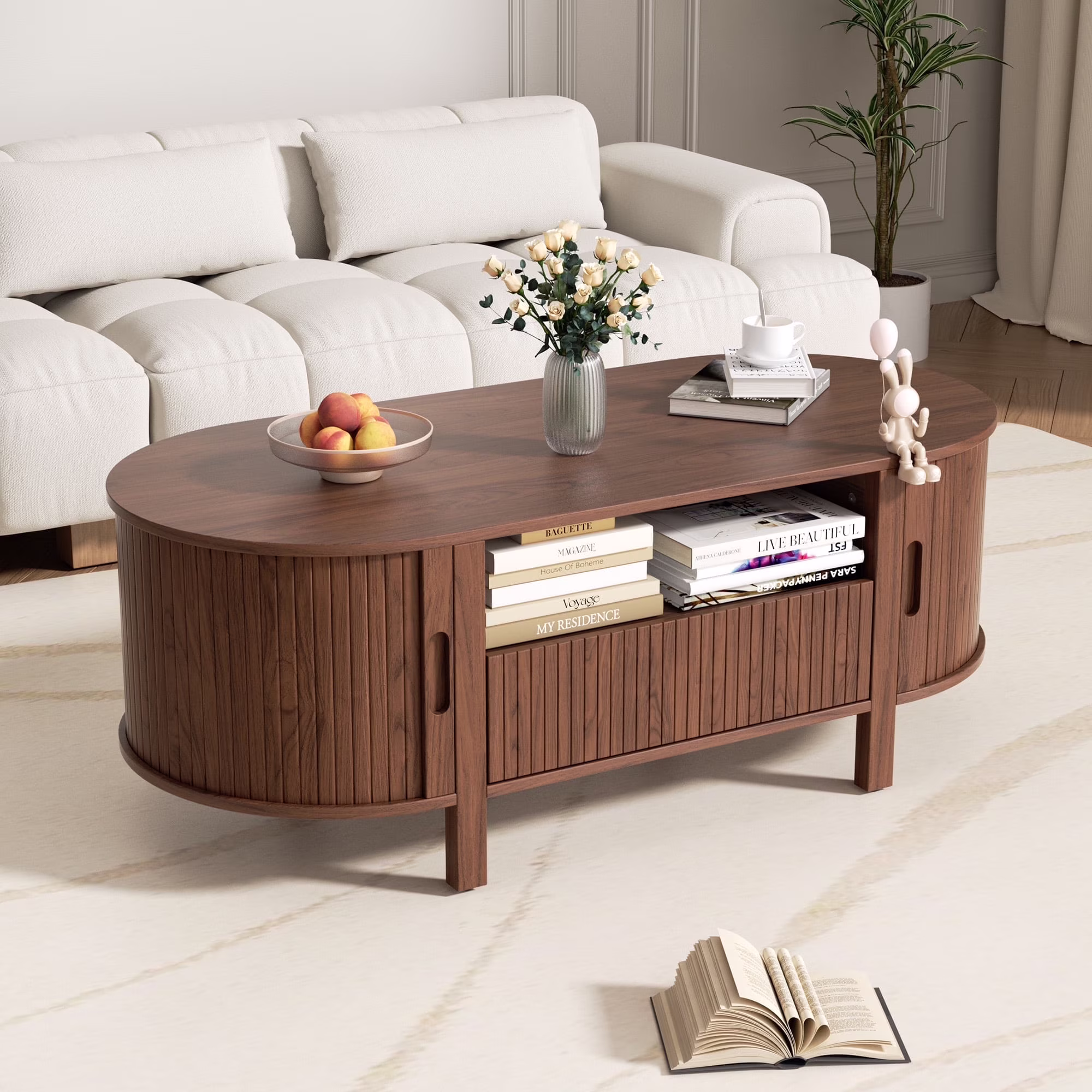 Coffee Table with Storage, Tambour Sliding Door, Open Shelf, Mid Century Modern Center Table with Drawer for Living Room, Walnut(Walnut)