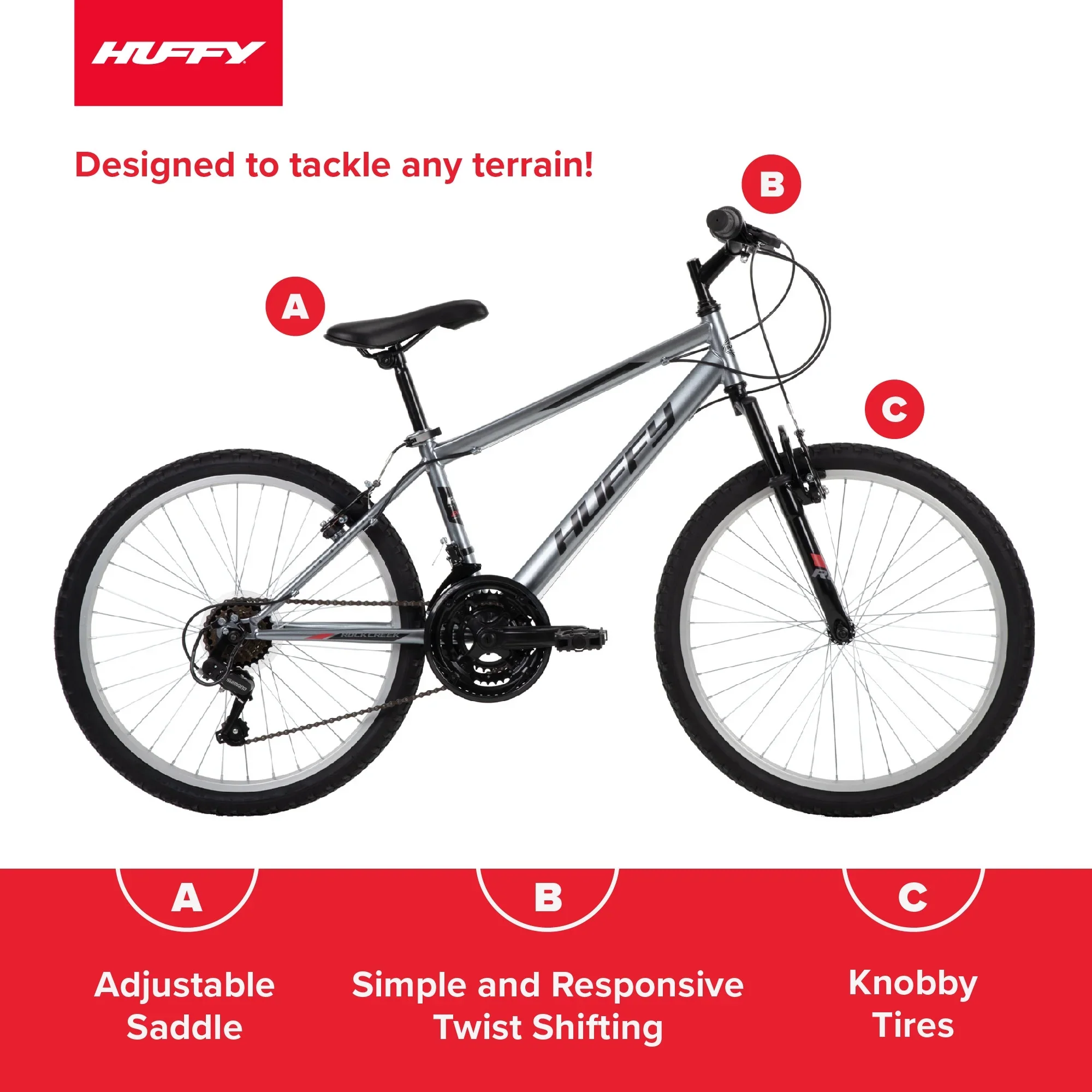 Huffy 24 Rock Creek Mountain Bike, Fits Riders 4'8 - 5'8, Gray, Adult, Men's