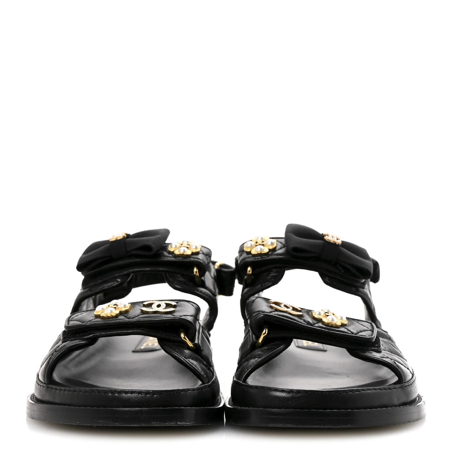 Lambskin Velcro CC Pearl Bow Dad Sandals 38 Black