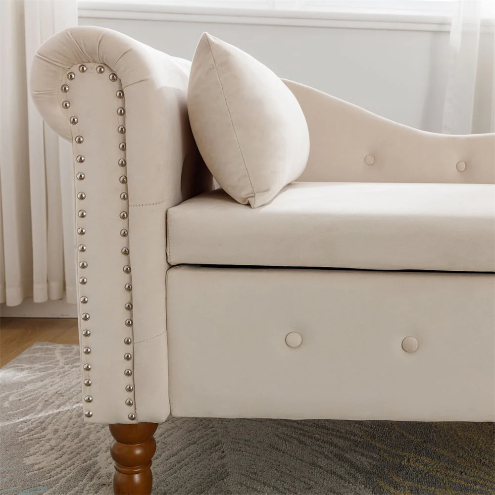 Storage Chaise Lounge, Upholstered Rolled Arm Chase Lounge with Nailhead Trim, Recliner Lounge Chair for Living Room Bedroom(Beige) Image 4