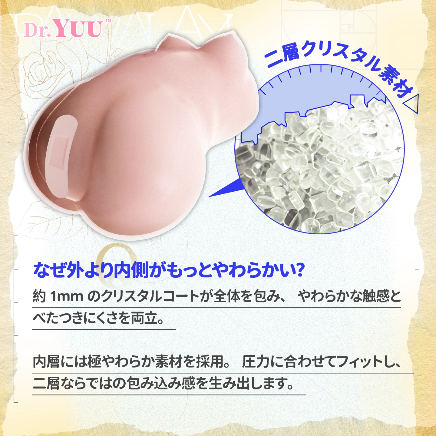 二層クリスタル素材と柔らかさを説明するDr.YUUやわ神ソフトメンズトイ画像。