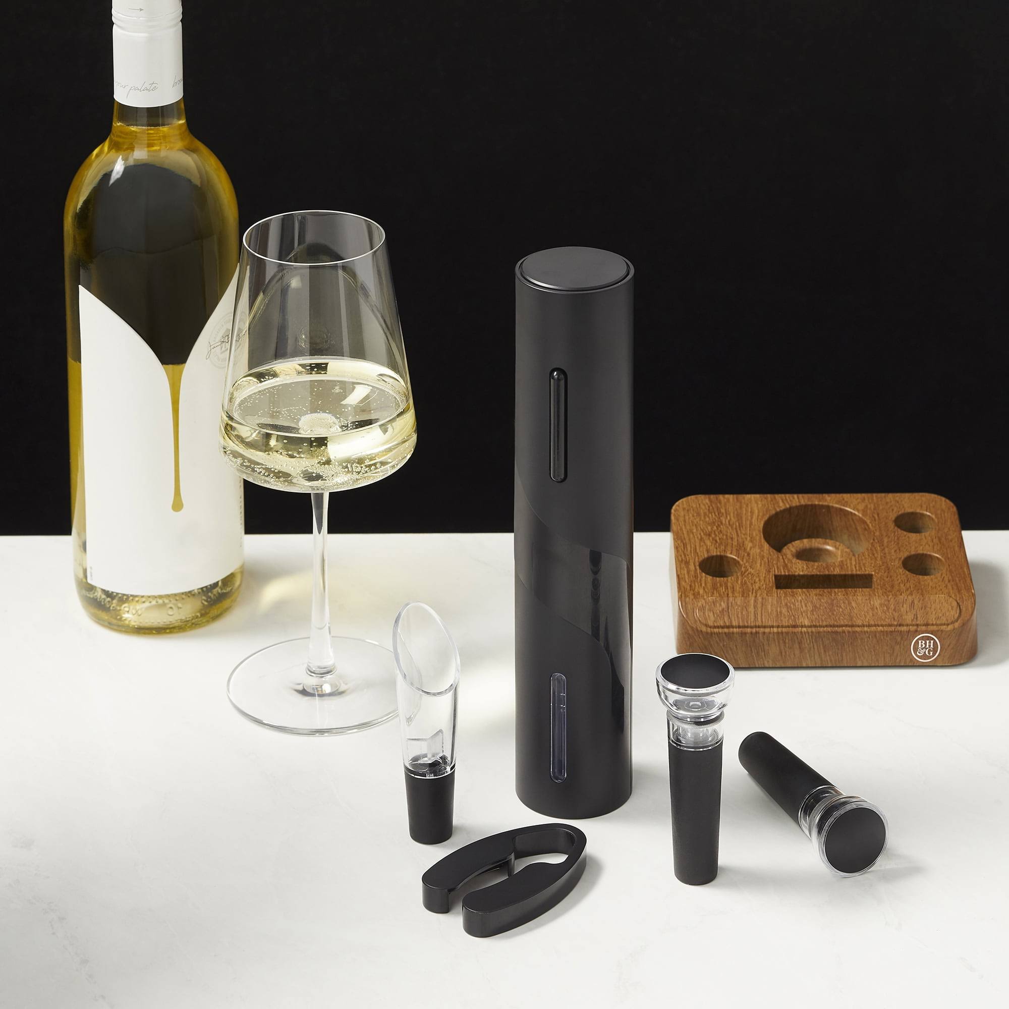 Better Homes & Gardens 6 Piece Battery Operated Electric Wine Opener Set with Wood Base, Size: 9 inch