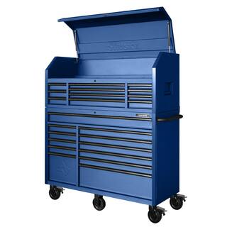Ensemble coffre à outils roulant robuste à 23 tiroirs et armoire à outils supérieure, 2025, 142 cm L x 56 cm P, bleu mat