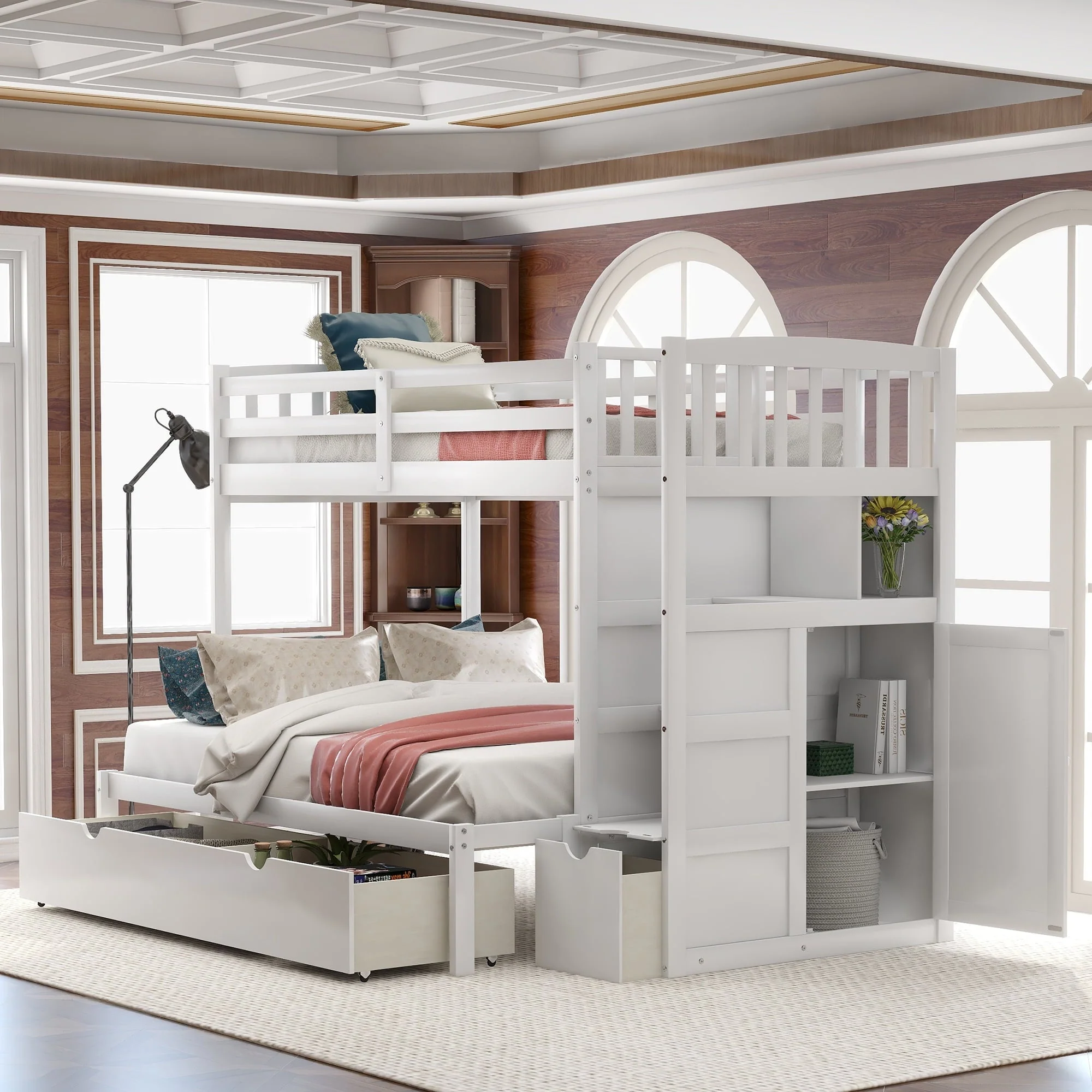 Twin over Twin Bunk Bed with Drawer and Cabinet for Kids Bedroom, White - Image 4