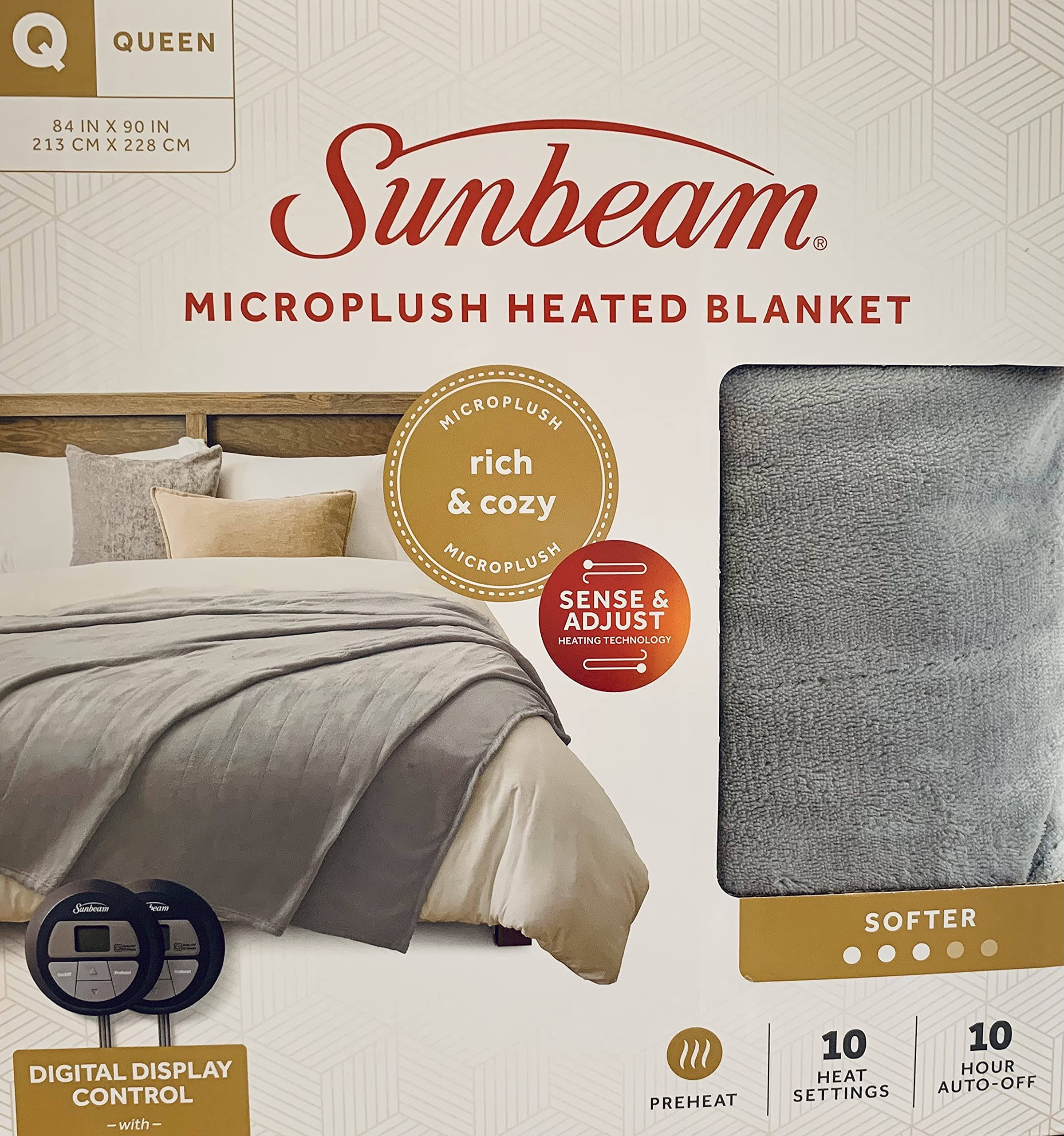 Sunbeam Heated Microplush Electric Blanket, Queen, Gray