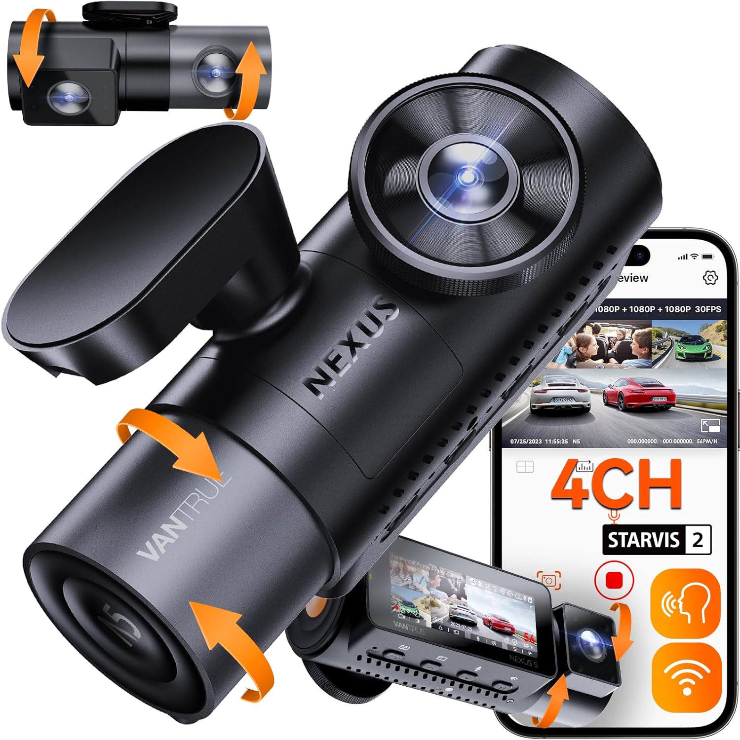 Vantrue N5 4 Channel WiFi 360° All Sides Dash Cam  STARVIS 2  IR Night Vision  2.7K+1080P*3 Front Rear Inside Dashcam  Voice Control  GPS  24 Hours Buffered Parking Mode Dash Camera  512GB Max (N5)
