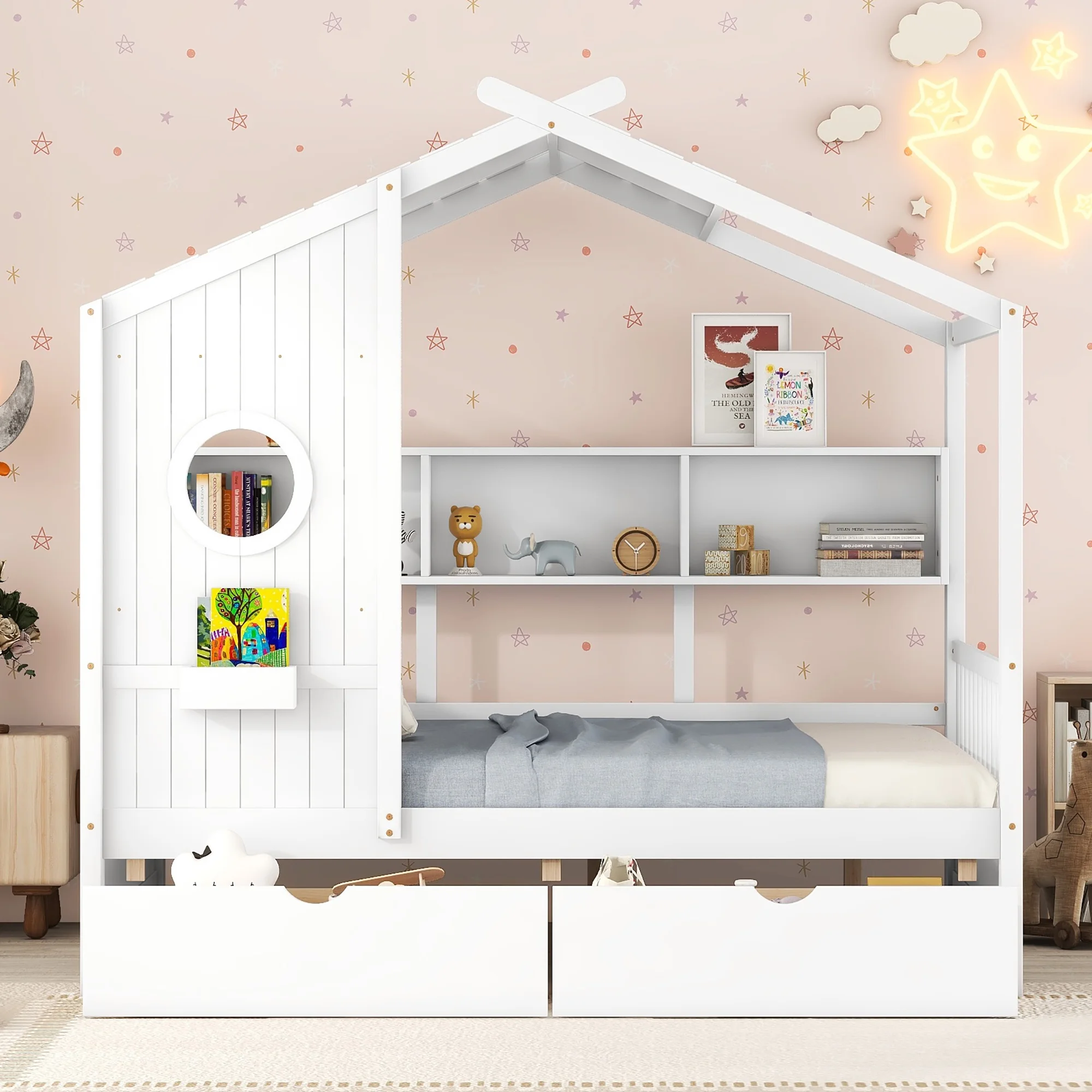 Bellemave House Bed with 2 Drawers and Storage Shelves, Wood Full Size Montessori Bed Frame with Roof and Window, Playhouse Bed for Bedroom (White)