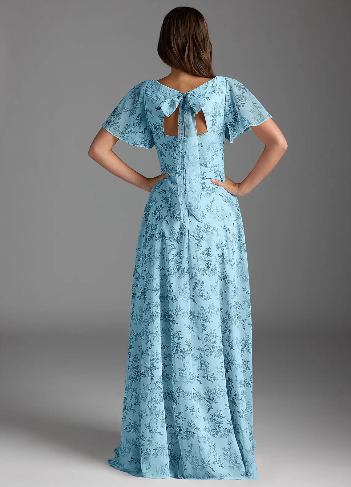 Blue Fern Floral A-Line Flounce Sleeve Chiffon Dress