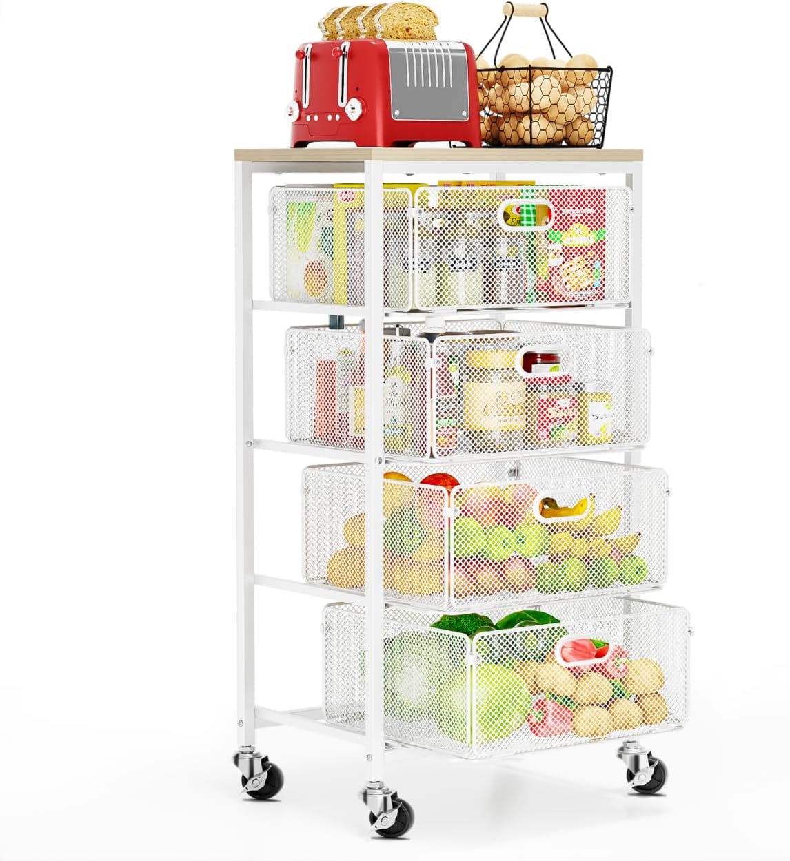 Goovilla Kitchen Cart with Drawers, Lockable Wheels with Wooden Top, Black