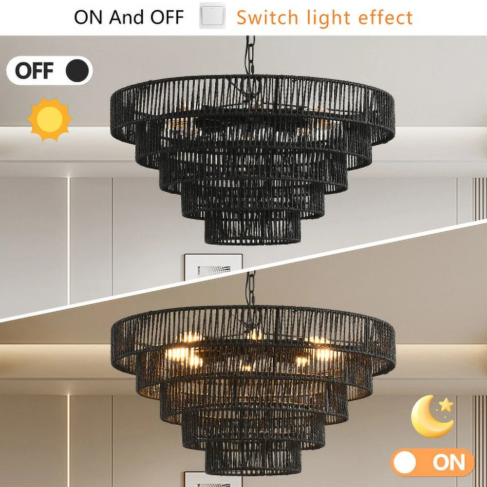 ACE-LIGHTS,Rustic 4-Tier Height Adjustable Hemp Rope Chandelier(Bulb Not Included),Pendant Light,Handmade Tiered Boho Ceiling Light Fixture for Living,Dining Room,Kitchen,Foyer(Black��