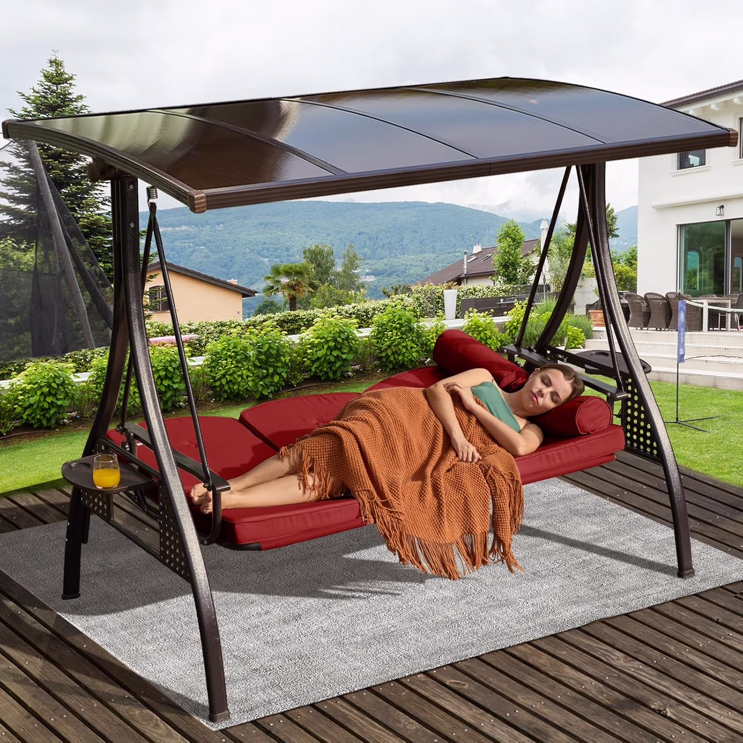 3-Seat Patio Porch Swing with Adjustable Hardtop,3 in 1 Convertible Outdoor Porch Swing for Adults,Patio Swing with Thicken Cushion,Pillows & Cup Holders for Porch,Backyard,Garden (Wine Red)