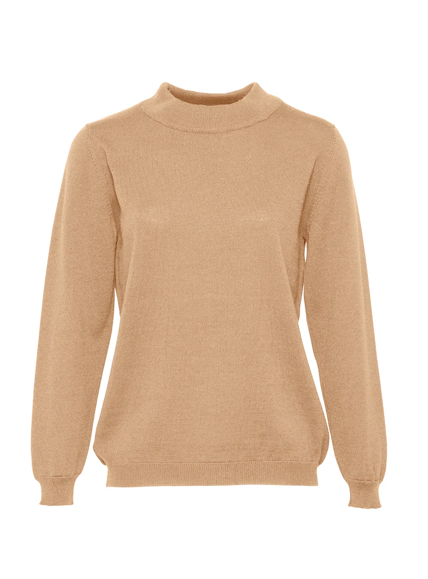 Pull femme col cheminée laine mérinos beige chaud