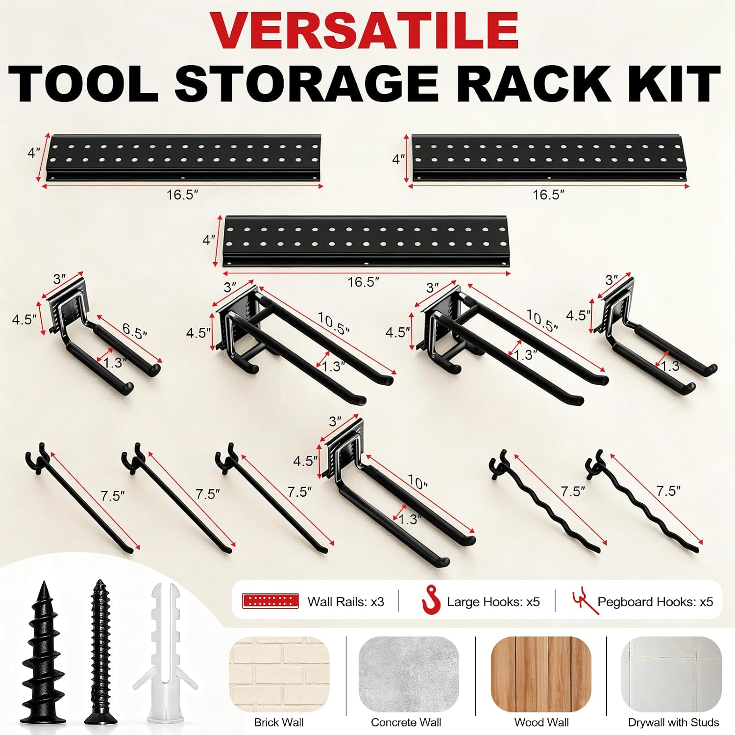Garage Tool Organizer Wall Mount 49.5 inches with 10 Adjustable Heavy-Duty Hooks, Garage Organization, Garden Tool Storage Rack, for Yard and Shed, Holds Up to 400 lbs