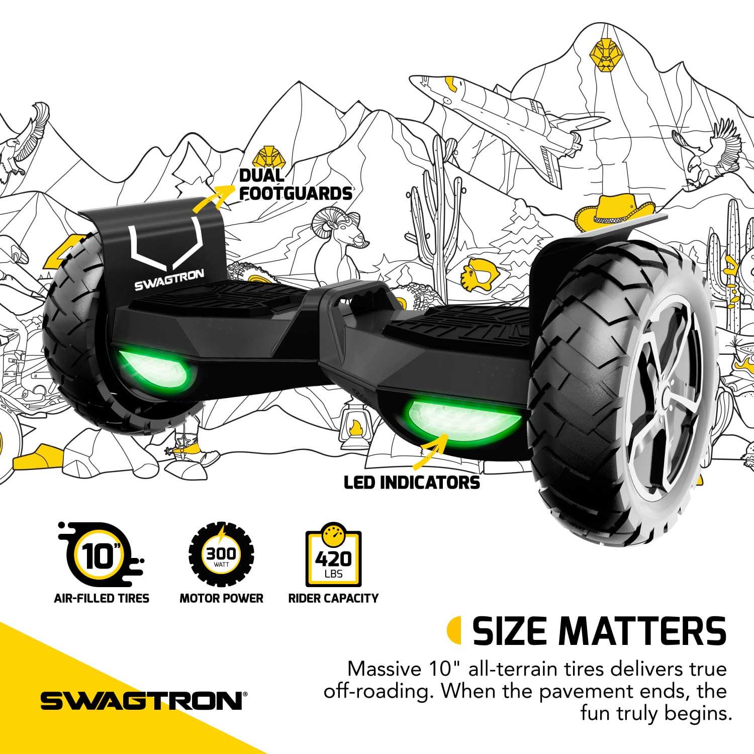 Swagtron Off - Road T6 Hoverboard. 420 lb Weight Limit. Black. Bluetooth Speaker. 10 in Wheel 12 Mph UL - Compliant