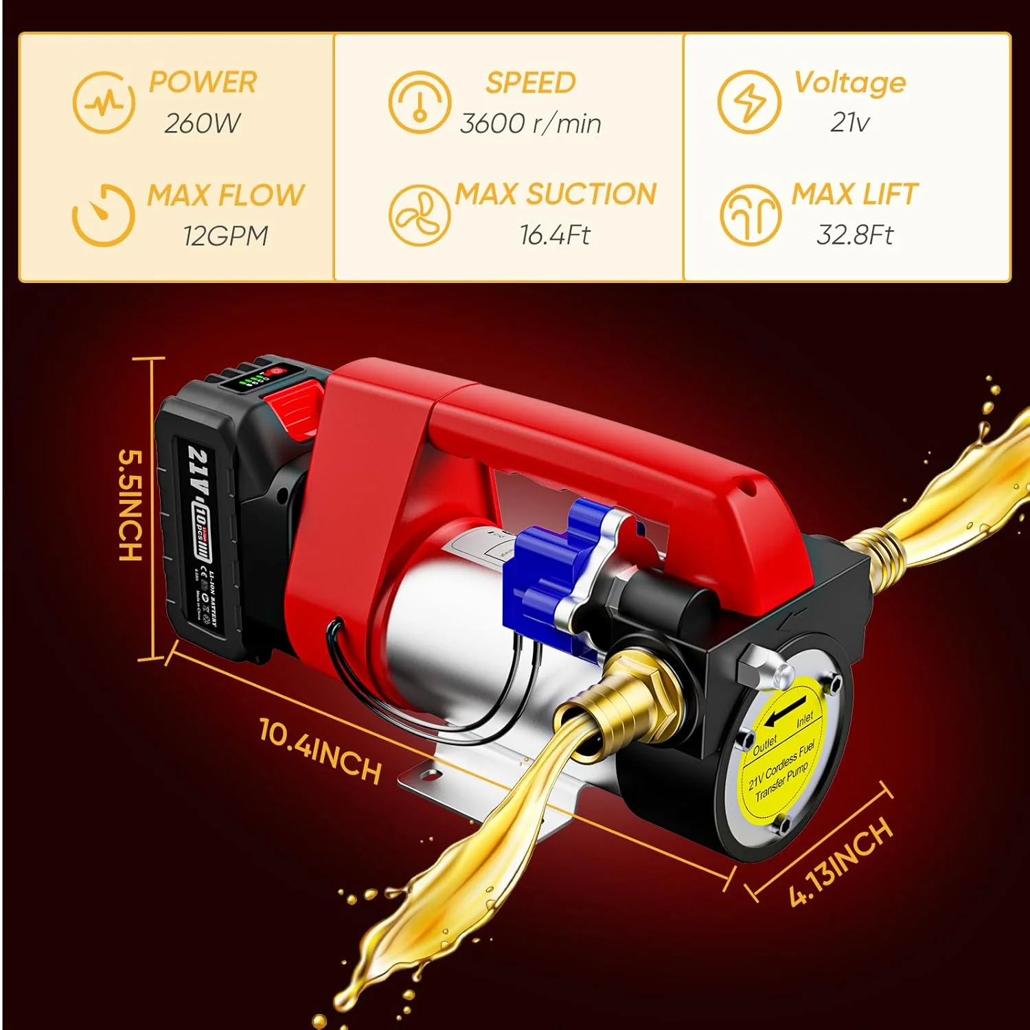 Taskstar 260W Fuel Transfer Pump Battery Powered, 12GPM Electric Pump Kit with 21V 4.0ah Battery & Charger, Portable Cordless Pump with Auto - Off Nozzle & 2x 6.6FT Hoses Diesel Keroséne Transfer Pump