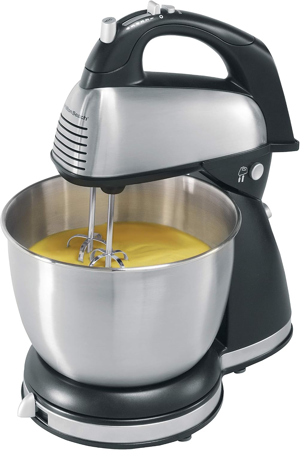 Hamilton Beach Classic Stand and Hand Mixer, 4 Quarts, 6 Speeds with QuickBurst, Bowl Rest, 290 Watts Peak Power, Black and Stainless