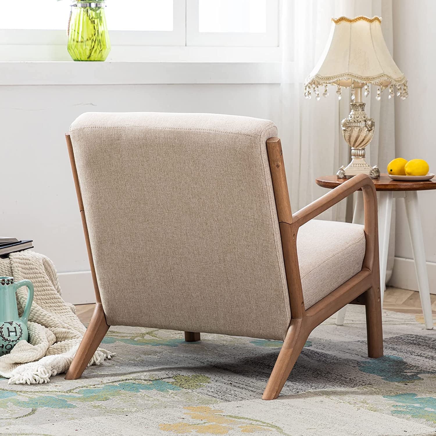 Mid Century Modern Accent Chair, Single Fabric Lounge Reading Armchair with Solid Wood Frame, Easy Assembly Arm Chairs for Living Room, Beige(1/Beige) Image 4