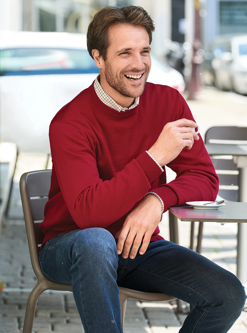 Pull homme col rond laine mérinos rouge hermès