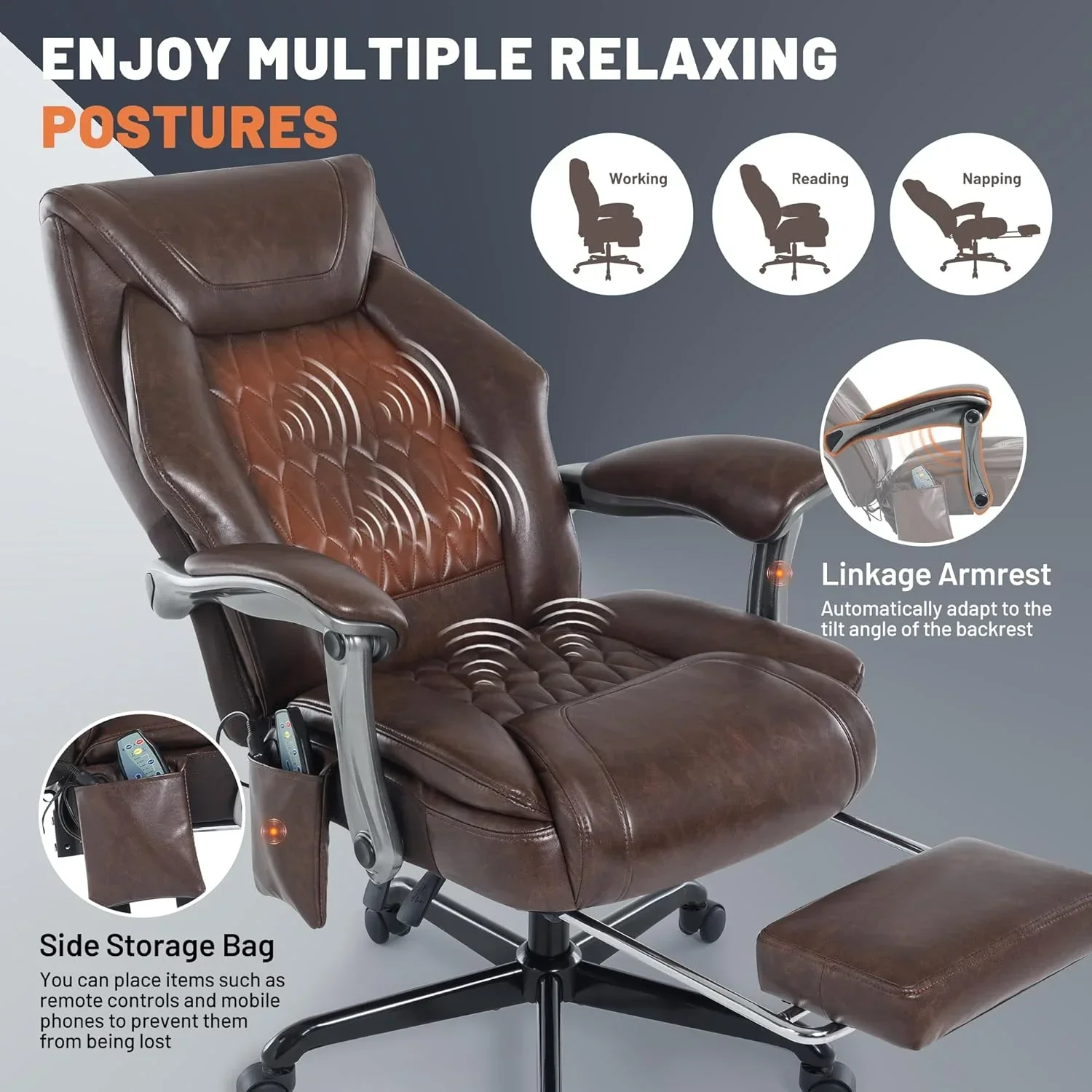Fauteuil de bureau massant avec chauffage et repose-pieds, fauteuil de bureau ergonomique inclinable de direction