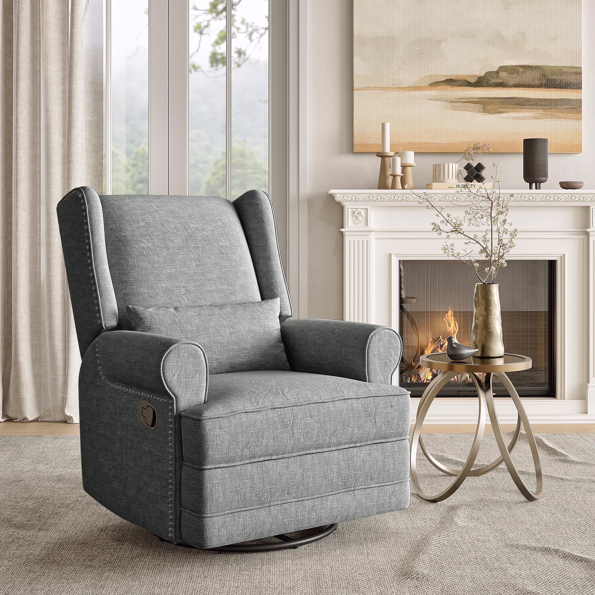 Swivel Nursery Glider Recliner, Comfy Upholstered Glider Chair with Lumbar Pillow and Footrest, Beige(Beige) - Image 3