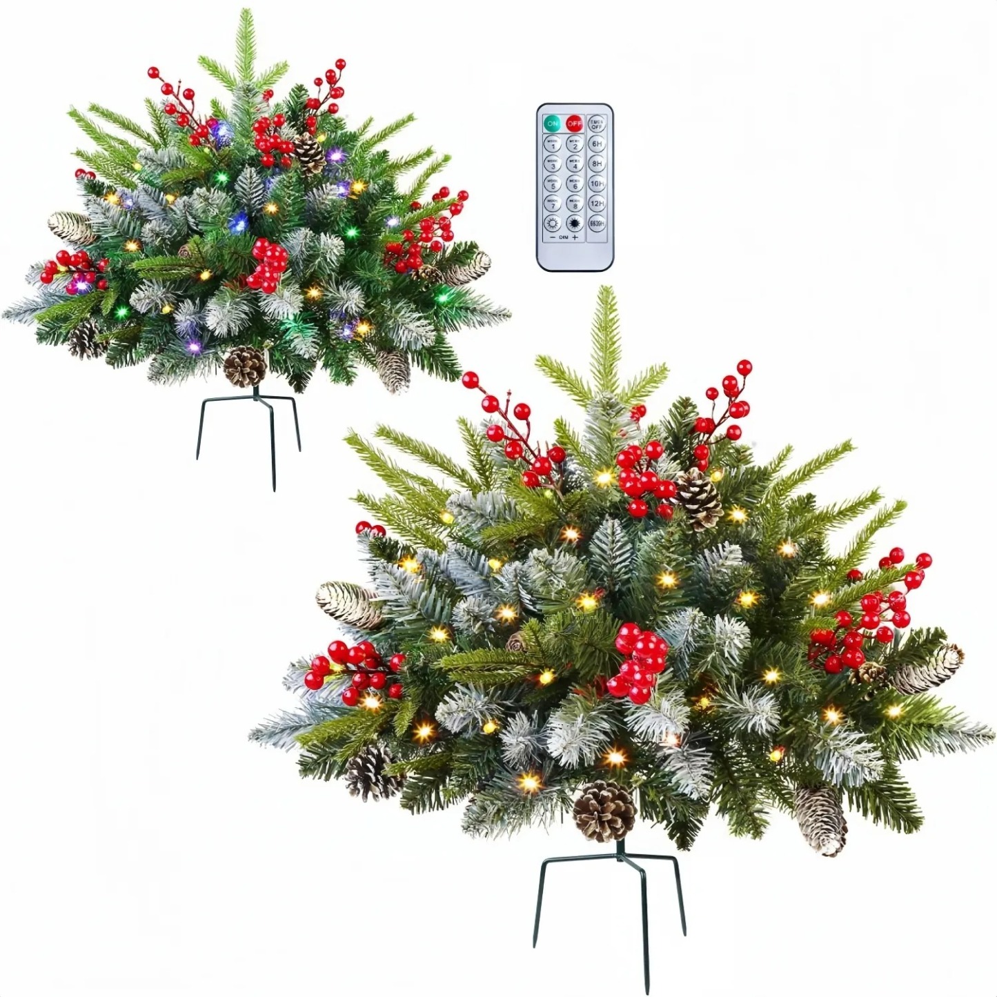 Pre-lit Artificial Christmas Tree Urn Filler with Remote & Timer - UV Resistant, Waterproof, Windproof & Snow-Resistant