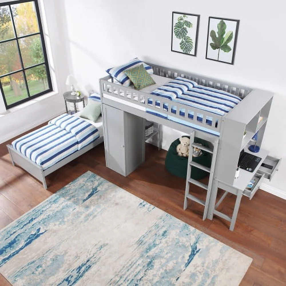 Twin Loft Bed with Closet & Desk, Wood Bed Frame with Movable Bed, Bunk Bed for Kids Adult, Gray