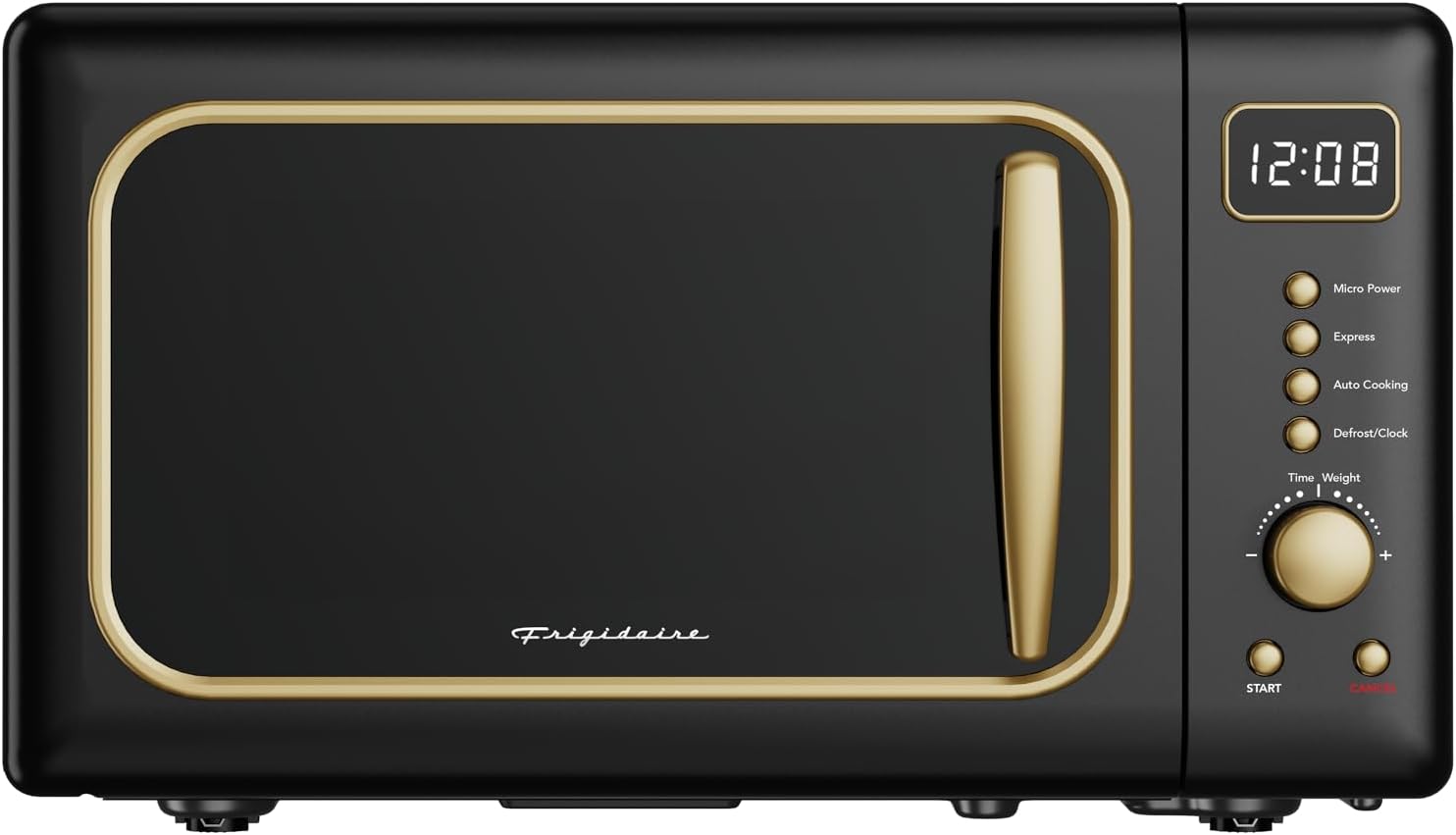 Frigidaire, 0.7 CuFt. Retro Countertop Microwave Oven, 700W Compact Microwave with 8 Auto Cook Menus, Auto Defrost, 5 Power Levels, LED Display, Glass Turntable, Black Gold