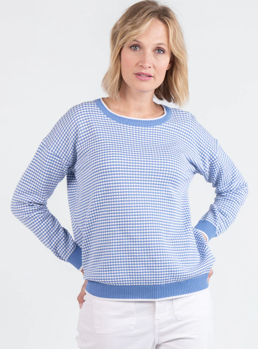 Pull femme bicolore en coton bleu pervenche esprit vichy