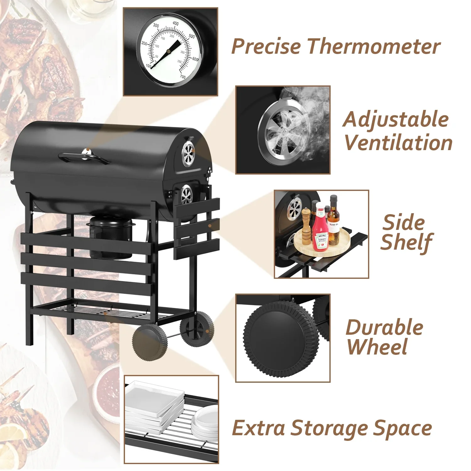 29�� Barrel Outdoor Charcoal Grill with Side Shelf and Wheels, Black