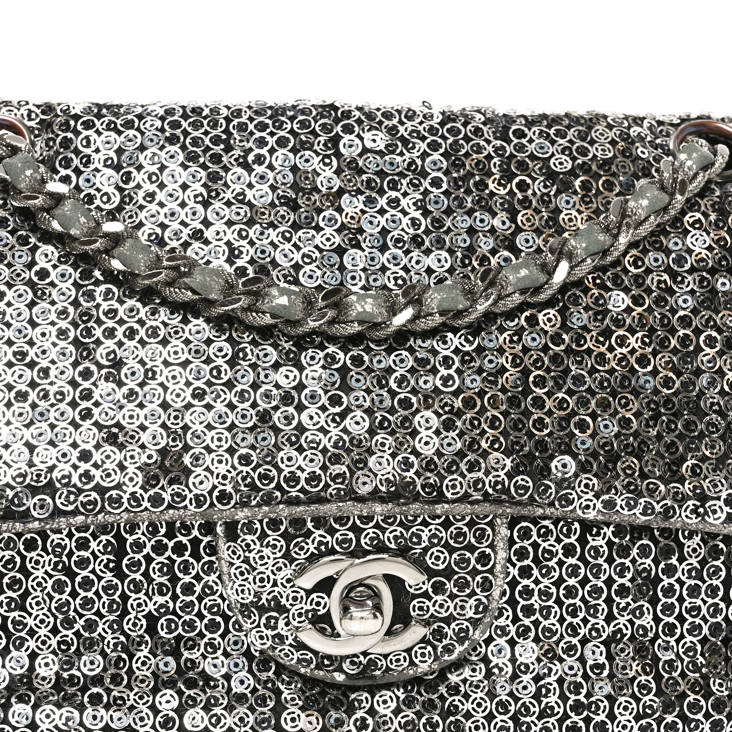 Sequin Medium Single Flap Dark Silver