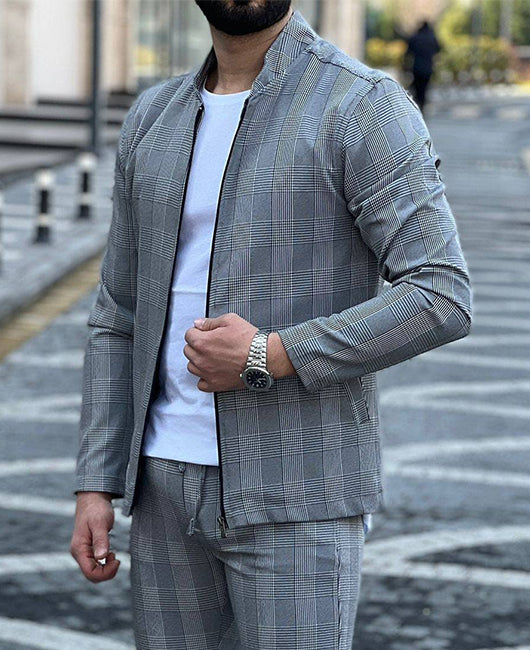 Ensemble veste et pantalon à carreaux avec col montant et fermeture éclair
