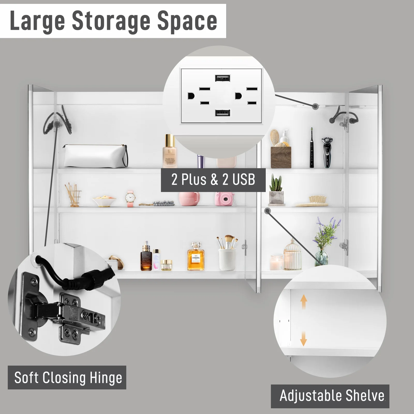 Ktaxon 48"x28" LED Bathroom Mirror Cabinet with Lights, Wall - Mounted Medicine W/ Defogger, Dimmable, Memory Function, Outlets & USB, White