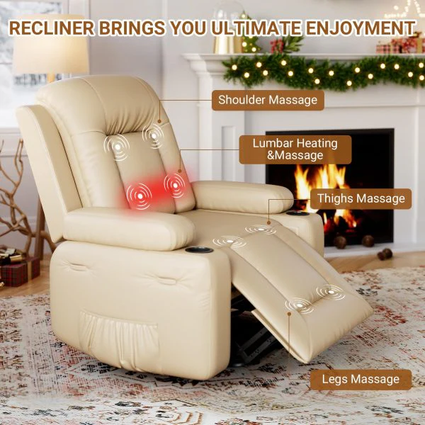 Fauteuil inclinable électrique en similicuir avec fonction massage et chauffage, dossier et jambes réglables (3 positions), port USB, poche latérale (beige, largeur d'assise 27 pouces + porte-gobelets)