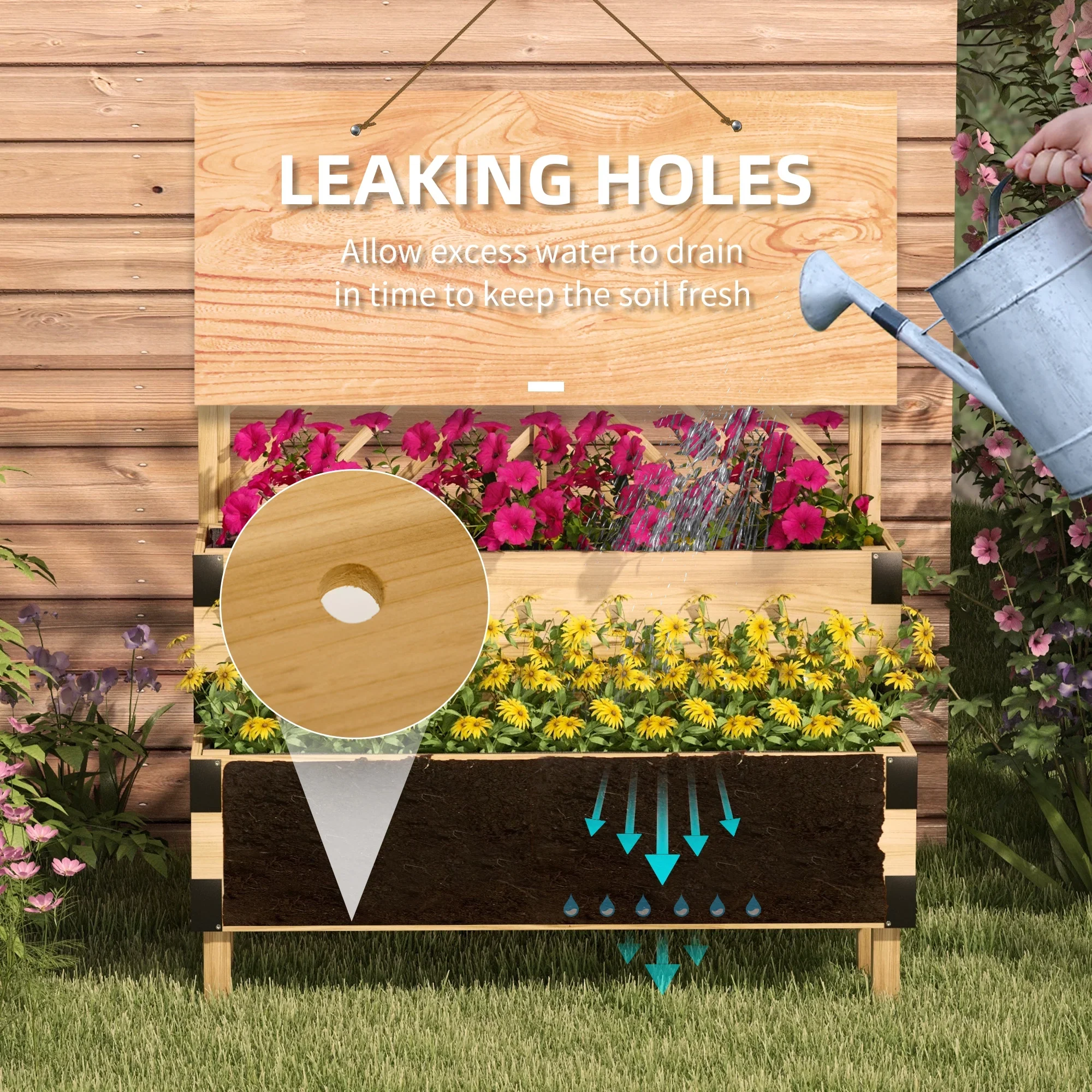 Outsunny 2 Tier Trellis Planter, 47.2�?x 15.7�?x 31.5�? Natural, Wood Garden Planter Box