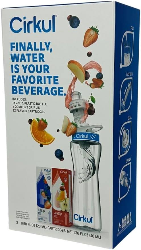 Cirkul 22 oz Plastic Water Bottle Starter Kit with Blue Lid with 1 Fruit Punch & 1 Mixed Berry Cartridge - Great for Staying Hydrated.