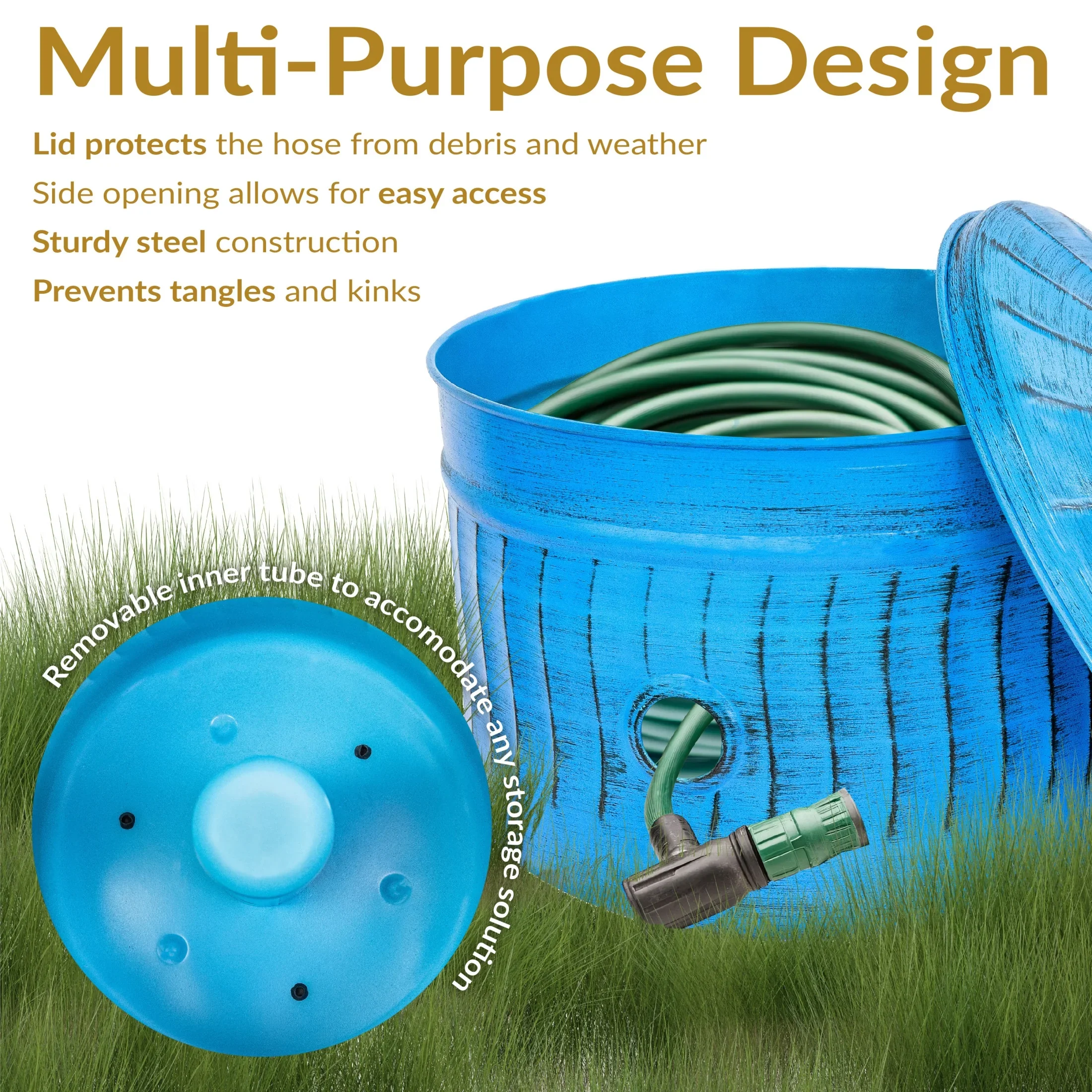 Sunnydaze 17.5 Embossed Metal Garden Hose Holder Pot with Lid, Blue Patina