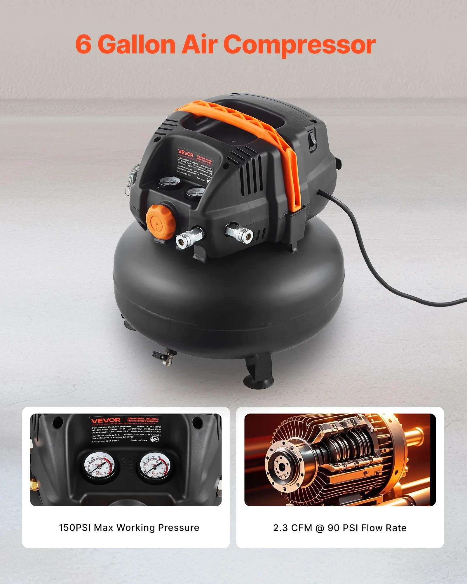VEVOR 6 Gallon Air Compressor, 1.7HP 2.3cfm@90psi Portable Pancake Air Compressor & 150PSI Max Pressure, 12 - Piece Accessory Kit with 25FT Air Hose for Tire Inflation, Spray Painting, Woodwork Nailing