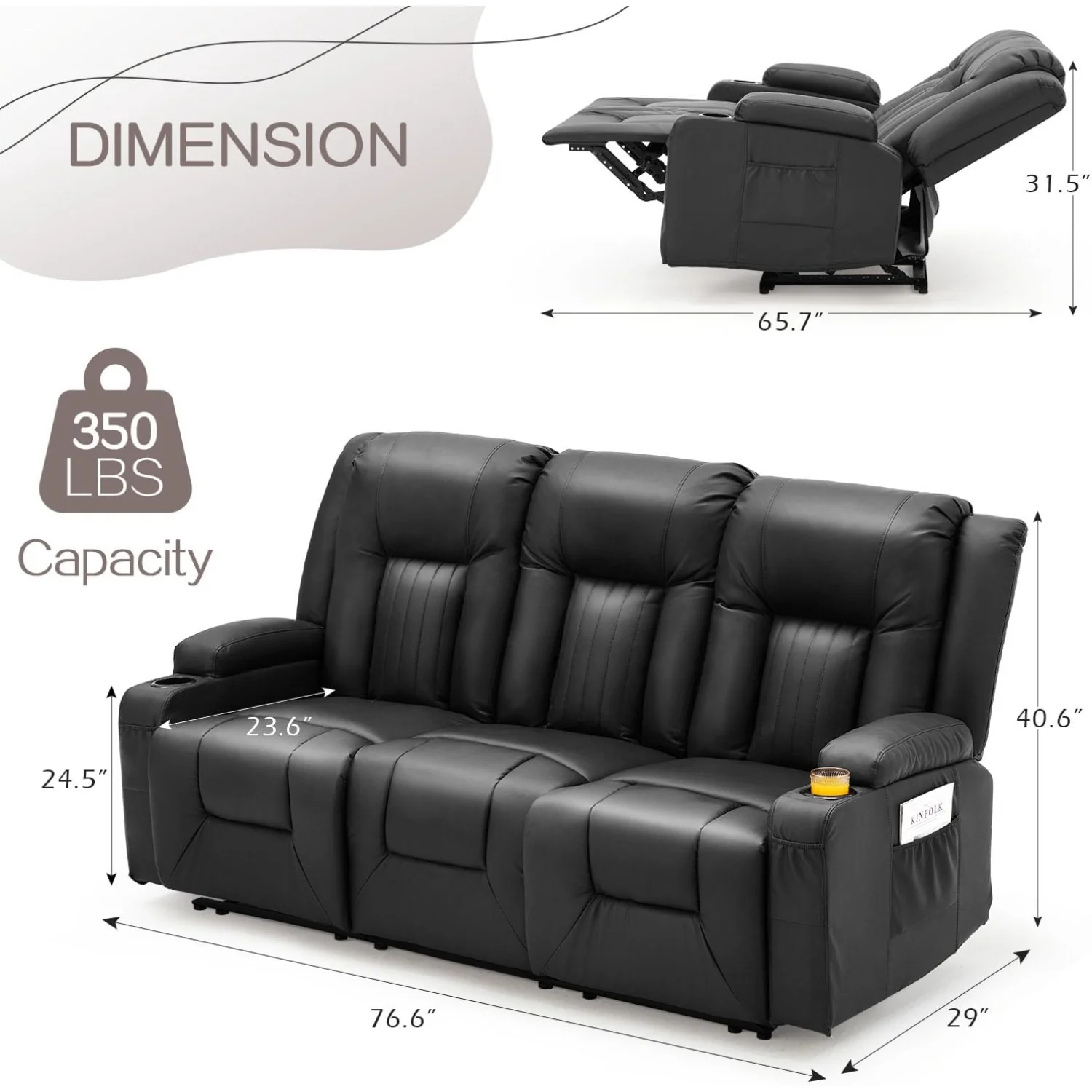 AECOJOY 3 Seater Reclining Sofa with 2 Cup Holders&Side Pockets, Black