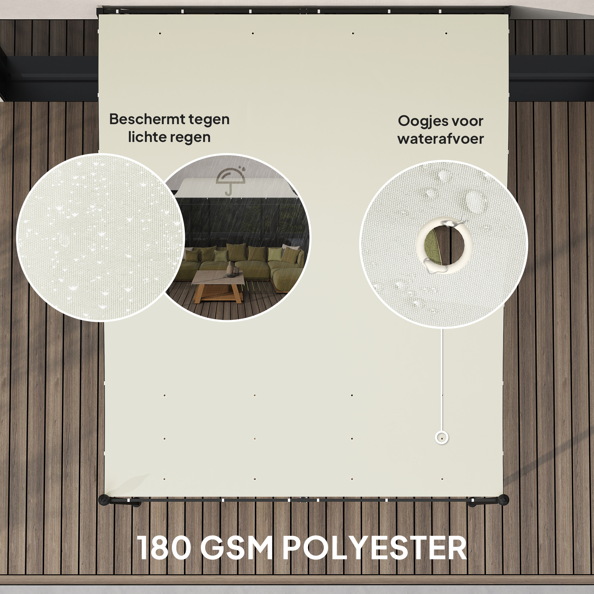 Outsunny 2,5 x 3 m Pergola, Wandgemonteerde Tuinpaviljoen, waterbestendig, Metalen frame, Afvoergaten, Schaduwdak, Crèmewit