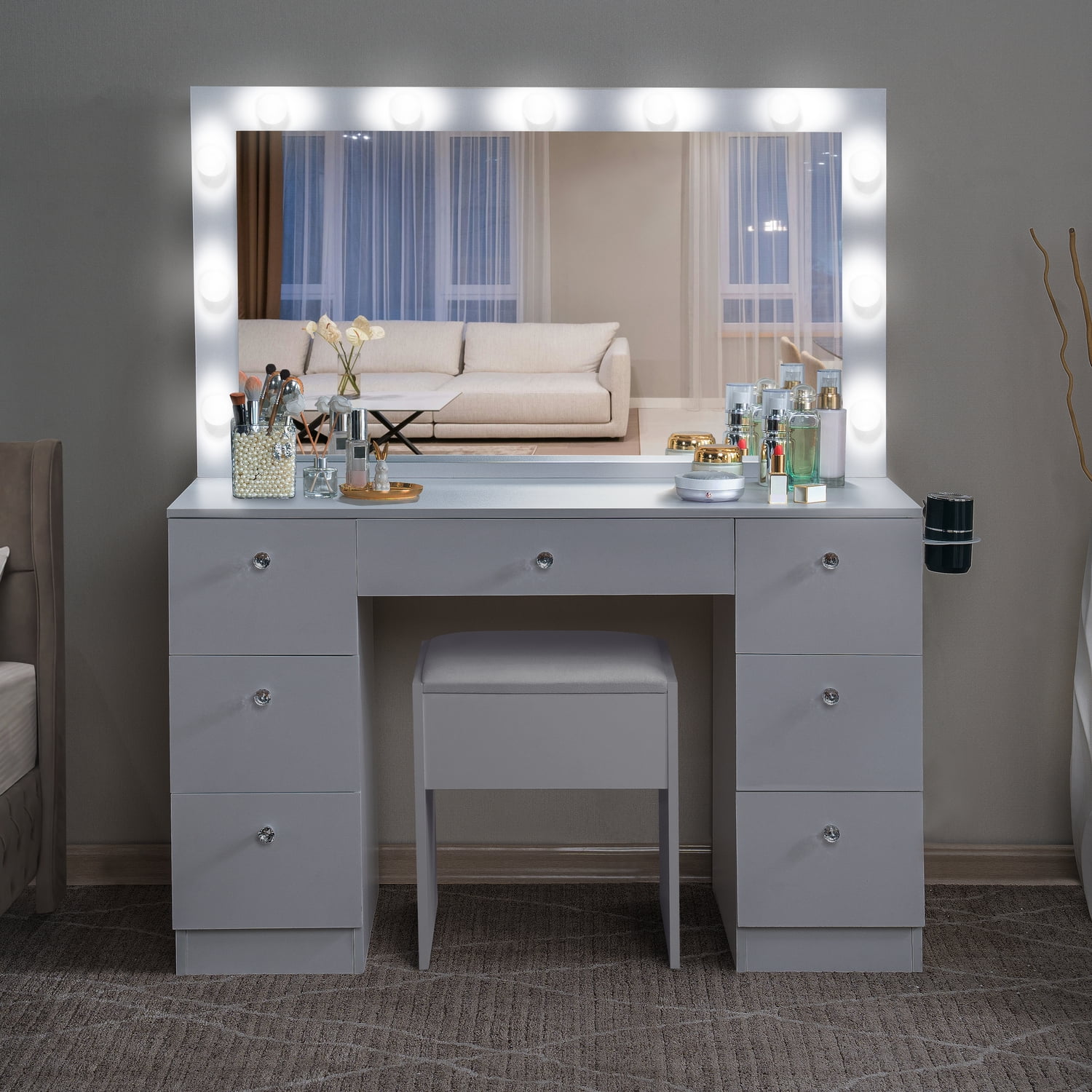 Naomi Home Vera Makeup Deluxe Vanity Table Set, 7 Drawers, 11 Lights, Oversized Mirror, White(White)